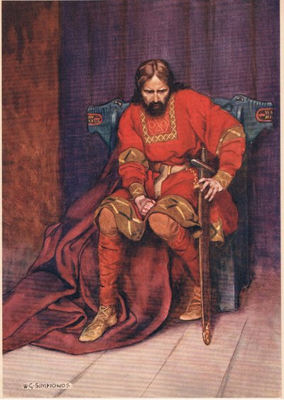 Kuningas puhuu Hamletin tappamisesta, William Shakespearen Hamletista, Hodder und Stoughtonin vuonna 1915 julkaisemasta painoksesta. tekijältä W. G. Simmonds