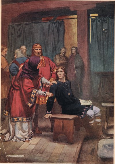 Kuningatar yrittää lohduttaa Hamletia, William Shakespearen teoksesta "Hamlet", Hodder und Stoughtonin vuonna 1915 julkaisema painos. tekijältä W. G. Simmonds