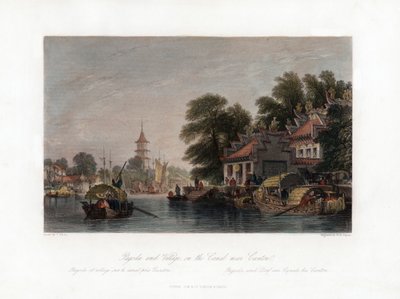 Pagodi ja kylä kanavalla lähellä Kantonia, Kiina, n. 1840. tekijältä W. H. Capone