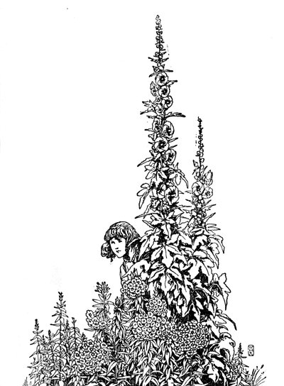 Gerda tiesi jokaisen kukan puutarhassa, vuodelta 1930 tekijältä William Heath Robinson