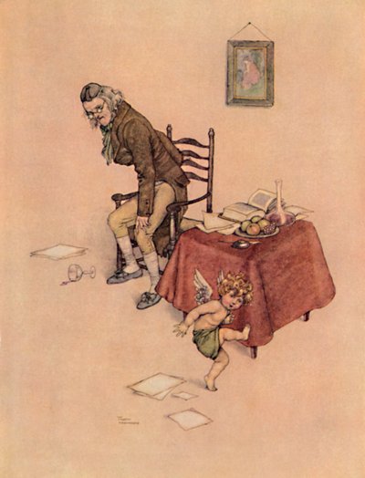 Hän hyppäsi alas vanhan miehen sylistä ja tanssi hänen ympärillään lattialla, c1930 tekijältä William Heath Robinson