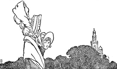 Karen ja vanha rouva kävelivät kirkkoon, vuodelta 1930 tekijältä William Heath Robinson
