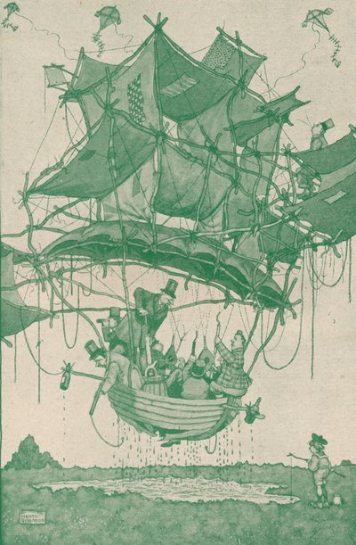 Melko varhainen vesikonetyyppi, joka teki koelentoa Hampstead Pondsista, vuodelta 1918 1919 tekijältä William Heath Robinson