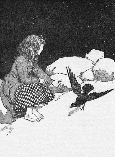 Yhtäkkiä suuri korppi hyppäsi lumeen hänen edessään, vuodelta 1930 tekijältä William Heath Robinson