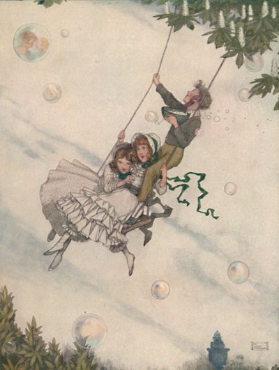 Swing liikkuu ja kuplat lentävät ylöspäin, c1930 tekijältä William Heath Robinson