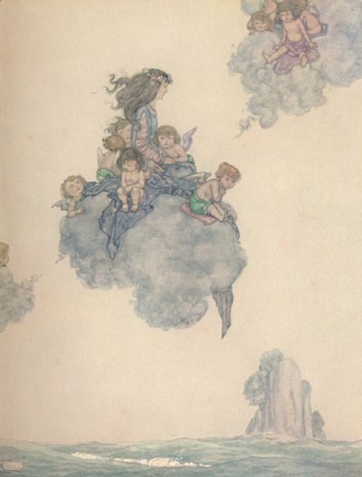 Ilman muiden lastensa kanssa, nousi korkealle ruusupilven yläpuolelle, c1930 tekijältä William Heath Robinson