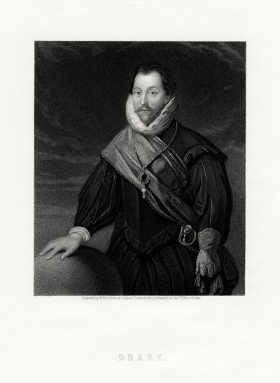 Sir Francis Drake, englantilainen yksityismies, navigaattori, laivaston pioneeri, poliitikko, 1800-luku tekijältä W. Holl