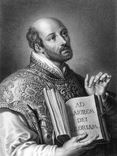 Pyhä Ignatius Loyolalainen, 1500-luvun espanjalainen sotilas ja jesuiittojen perustaja, 1836. tekijältä W. Holl