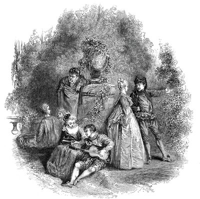 Kohtaus Watteausta vuosina 1644, 1844. tekijältä W. J. Linton