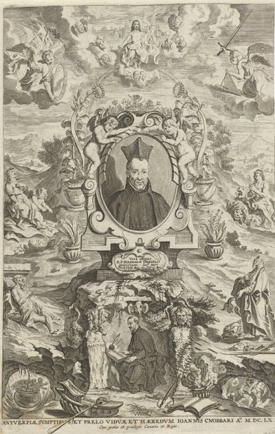 Jeremias Drexelin muotokuva Otsikko sivulle: JE. Drexel, De sonne-bloeme oft Vande over-a-cominge van den menscheliicken wille met de[n] godtliicke[n], 1660 tekijältä W Merel van