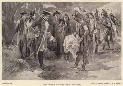 Oglethorpen haastattelu Tomo-chichin kanssa (litho) tekijältä W. P. Snyder