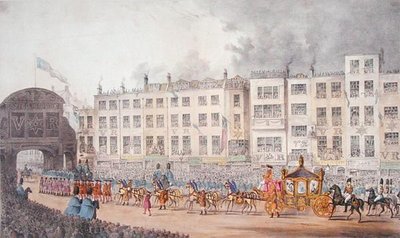 Näkymä Temple Barista Queen Victorian vierailun aikana Lontoon Cityssä vuonna 1837 tekijältä W. R. Browne