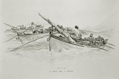 "A Race for a Whale", "The Perils and Romance of Whaling" -julkaisussa Century Magazine, kesäkuu 1890 (litho) tekijältä W. Taber
