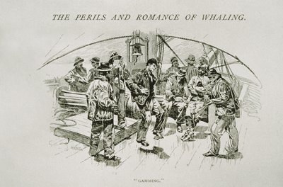 "Gaming" (valaanpyytäjät rentoutumassa ja tanssimassa kannella), "The Perils and Romance of Whaling" -julkaisussa Century Magazine, elokuu 1890 (kaiverrus) tekijältä W. Taber