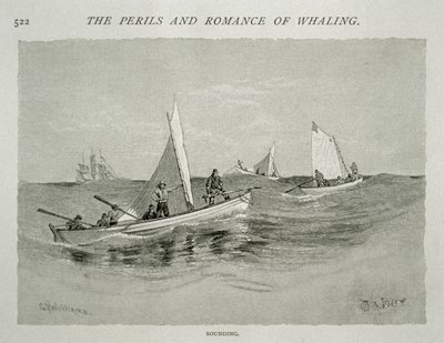 "Sounding" (pienet venemiehistöt käsiharppuunoilla valmistautuvat metsästykseen), "The Perils and Romance of Whaling" -julkaisussa Century Magazine, kesäkuu 1890 (kaiverrus) tekijältä W. Taber