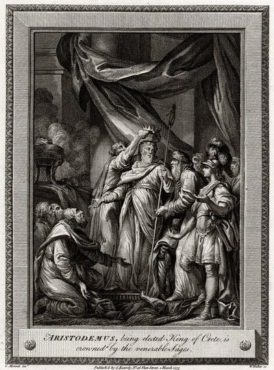 Aristodemus, joka valittiin Kreetan kuninkaaksi, kruunataan kunnianarvoisten viisaiden toimesta, 1777 tekijältä W. Walker