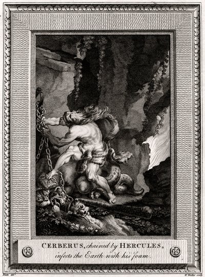 Herculesin kahlitsema Cerberus saastuttaa maapallon vaahdolla, 1774 tekijältä W. Walker