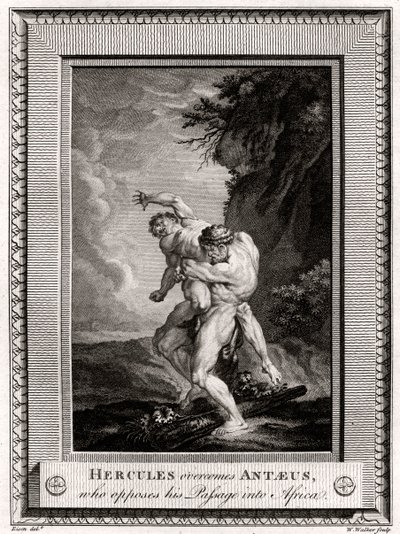 Hercules voittaa Antaeuksen, joka vastustaa hänen matkaansa Afrikkaan vuonna 1775 tekijältä W. Walker