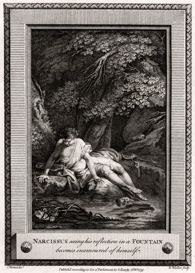 Narcissus, joka näkee heijastuksensa suihkulähteessä, ihastuu itsestään, 1775 tekijältä W. Walker