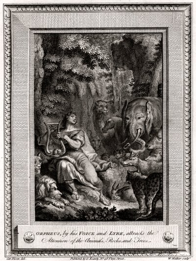 Orpheus herättää äänellään ja lyyrallaan Eläimet, kivet ja puut, 1774. tekijältä W. Walker