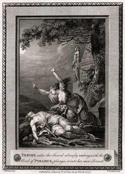 Thisbe ottaa miekan, joka haisee jo Pyramuksen vereltä, syöksyy sen..., 1775. tekijältä W. Walker