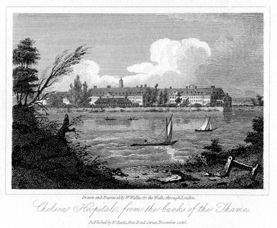 Chelsea Hospital, Banks of the Thames, Lontoo, 1816. tekijältä W. Wallis