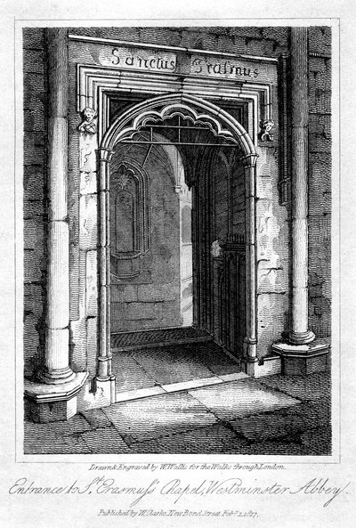 Sisäänkäynti St Erasmus Chapeliin, Westminster Abbey, Lontoo, 1817. tekijältä W. Wallis