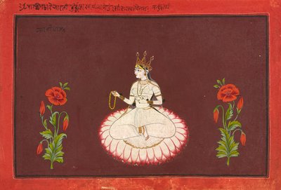 Saraswati, folio Goddess-sarjasta, n. 1680-1700 (läpinäkymätön akvarelli ja kulta paperilla) tekijältä Wajid (attr.to)
