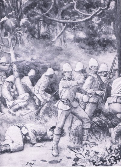 Taistelu tiellä metsän läpi matkalla Coomassieen, esimerkki teoksesta "British Battles on Land and Sea" tekijältä Wal Paget