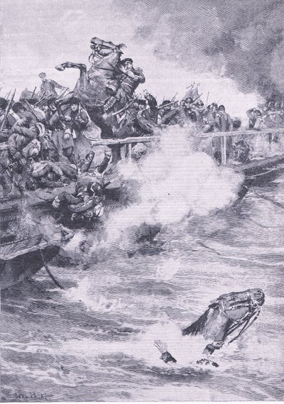Sevastopol: vetäytyminen venesillan yli, kuva brittiläisistä taisteluista maalla ja merellä, 1915 tekijältä Wal Paget