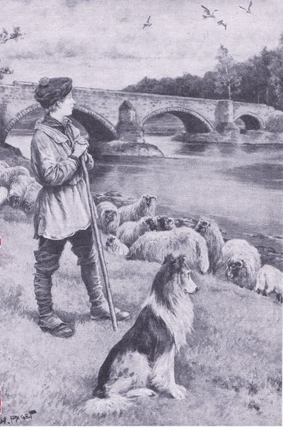 Musselburghin vanhan roomalaisen sillan näkeminen herättää John Rennien paimenpojan mielikuvituksen, My Magazine, pub.1922 (litho) tekijältä Wal Paget