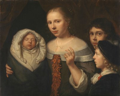 Muotokuva nuoresta naisesta, jolla on kolme lasta tekijältä Wallerant Vaillant (attributed to)