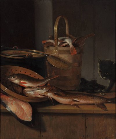 Asetelma kalan ja kissan kanssa, c. 1650-1660 tekijältä Wallerant Vaillant