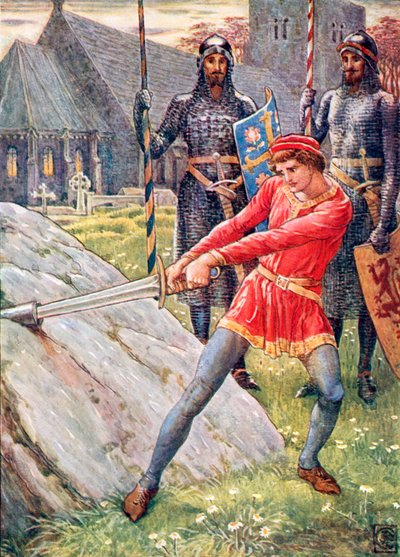 Arthur vetää miekan kivestä (värilitografia). tekijältä Walter (after) Crane