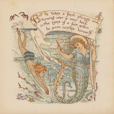 Walter Cranen kuvitus teokseen "Pothooks and Perseverance" (värilitografia). tekijältä Walter (after) Crane