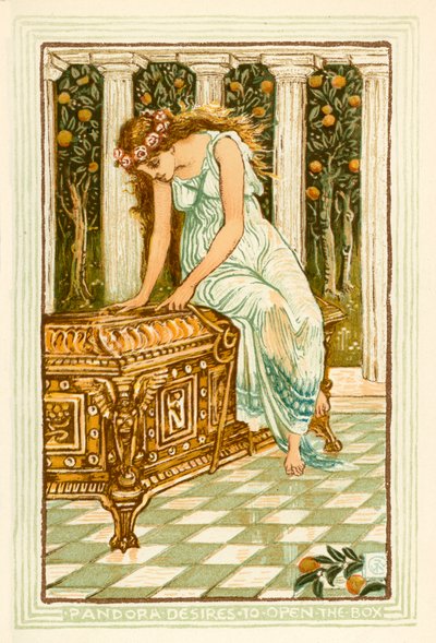 Pandora haluaa avata lippaan (väri litografia) tekijältä Walter (after) Crane