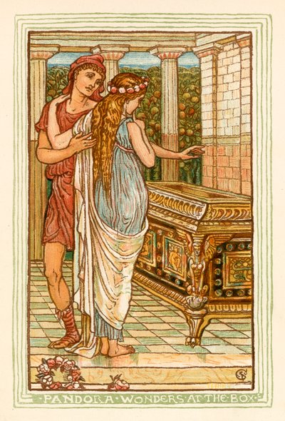 Pandora ihmettelee lippaan ääressä (värilitografia) tekijältä Walter (after) Crane