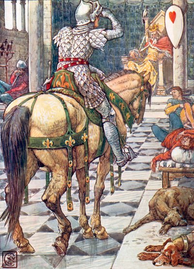 Perceval saa sykkivän sydämen kilven (värilitografia). tekijältä Walter (after) Crane