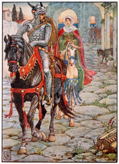 Sir Geraint ja Lady Enid roomalaisessa autiokaupungissa (värilitografia) tekijältä Walter (after) Crane