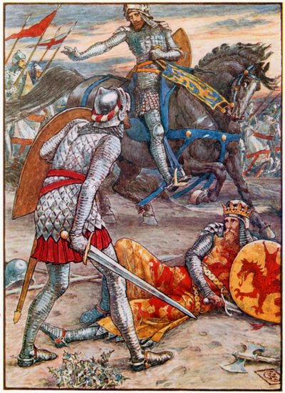 Sir Lancelot kieltää Sir Borsia tappamasta kuningasta (värilitografia). tekijältä Walter (after) Crane