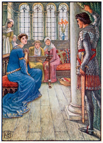 Sir Owen tervehtii suihkulähteen neitoa (värilitografia) tekijältä Walter (after) Crane