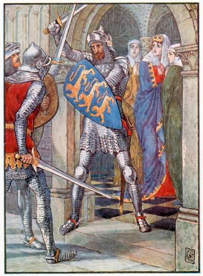 Taistelu kuningattaren etuhuoneessa (värilitografia) tekijältä Walter (after) Crane