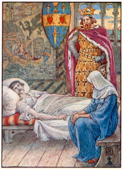 Noita antaa neuvoja Sir Tristramin haavasta (värilitografia). tekijältä Walter (after) Crane