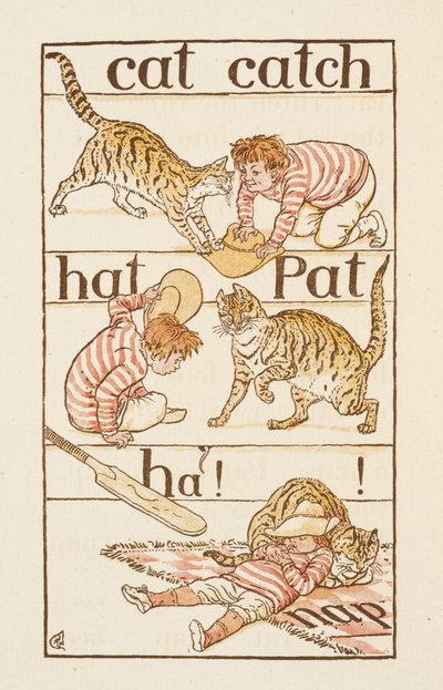 Poika leikkii kissan kanssa. Kuvitus teoksessa "The Golden Primer". tekijältä Walter Crane