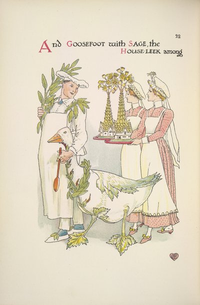 Kokki pitelee hanhia. Kaksi naista kantamassa tarjottimia tekijältä Walter Crane