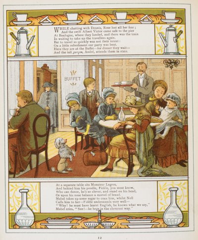 Perhe nauttimassa virvokkeita buffetissa. Värikuvitus ulkomailta. tekijältä Walter Crane