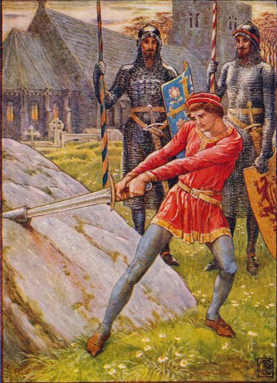 Arthur vetää miekan kivestä, 1911. tekijältä Walter Crane