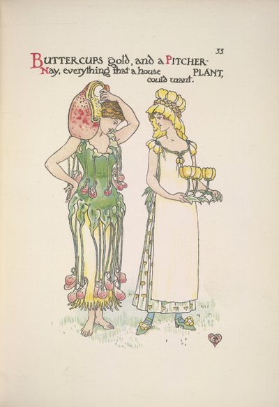 Buttercups kulta- ja kannukasvi. Kaksi nuorta naista tekijältä Walter Crane