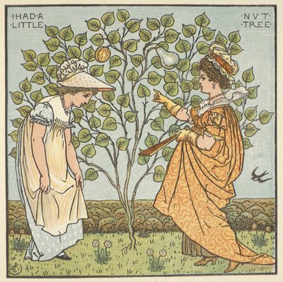 Värikuvitus sanalle "Minulla oli pieni pähkinäpuu". Nuori tyttö ja Espanjan kuningatar. tekijältä Walter Crane