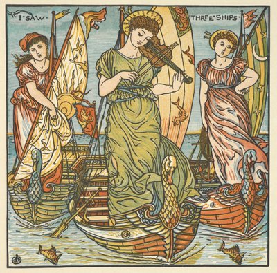 Värikuvitus sanalle "Näin kolme laivaa". Kolme naista, joista yksi soittaa viulua, seisoo laivoilla. tekijältä Walter Crane